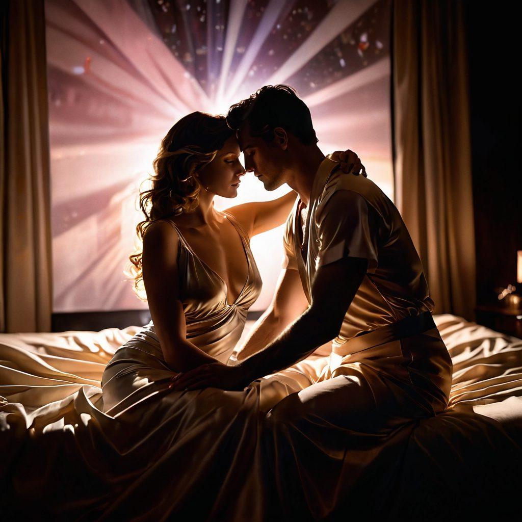 A dreamy, soft-focus scene depicting a couple in an intimate embrace, draped in silk sheets with shadows creating an alluring atmosphere. The background features a flickering film projector casting vintage cinema imagery, symbolizing risqué films. Warm, inviting tones enhance the mood, with hints of neon lights reflecting sensuality. Super-realistic, with a touch of surrealism, moody lighting.