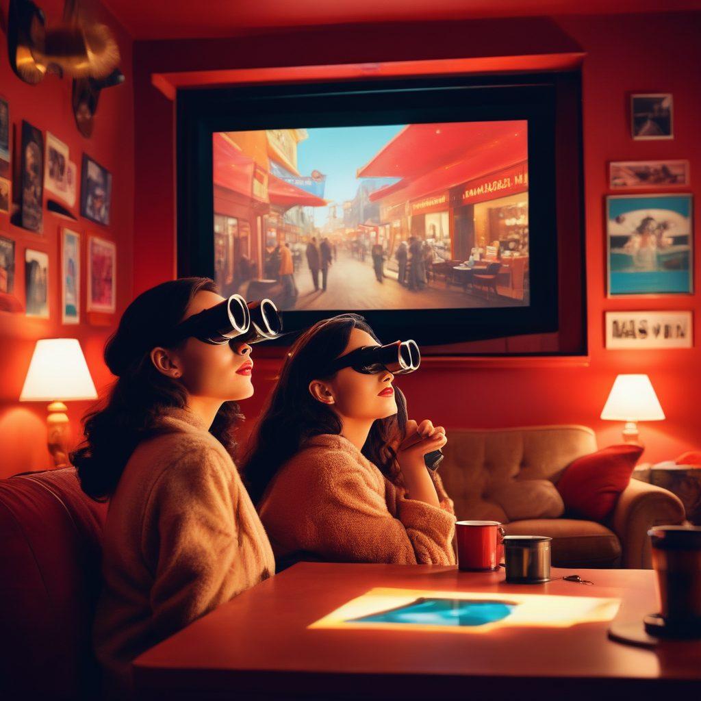 A whimsical and playful depiction of a cozy cinema scene, with a couple in the foreground peering through oversized binoculars, surrounded by colorful film reels and vibrant posters of sensual adult films. The atmosphere should evoke curiosity and excitement, with shades of red and gold accentuating the allure of voyeurism. Include subtle elements like soft lighting and playful shadows to enhance the sense of intrigue. retro-style. vibrant colors. cinematic lighting.