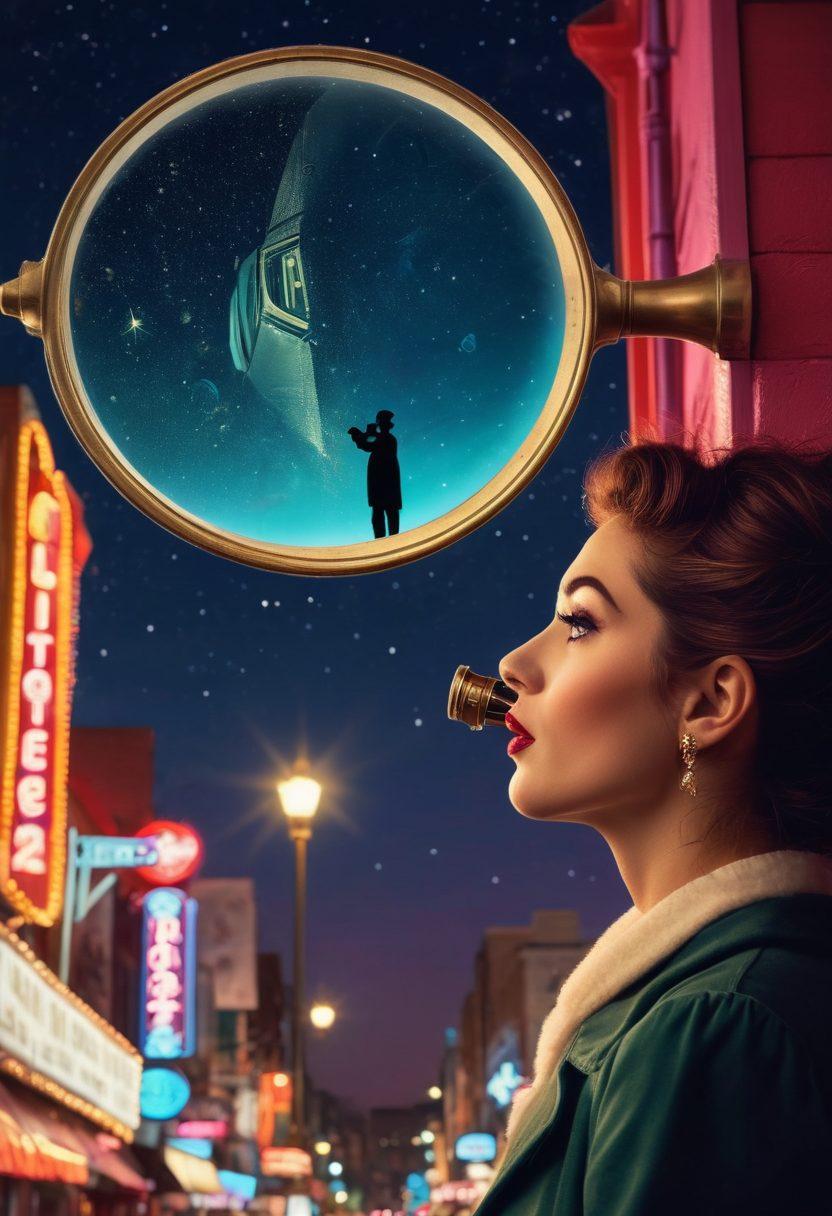 A mysterious figure peering through a vintage classic spyglass, overlooking a vibrant neon-lit adult entertainment district, with playful silhouettes engaging in activities under a starlit sky. The scene contrasts curiosity and secrecy, captured with whimsical elements like floating thought bubbles showcasing humorous taboos. super-realistic. vibrant colors. night scene.
